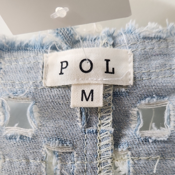 NWT POL Light Blue Laser Cut Open Front Denim Top - M - Picture 2 of 6